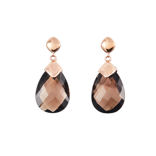 Beautifully faceted teardrop shaped smoky quartz drop earrings in a rose gold plated on silver setting.