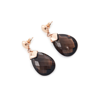 Beautifully faceted teardrop shaped smoky quartz drop earrings in a rose gold plated on silver setting.