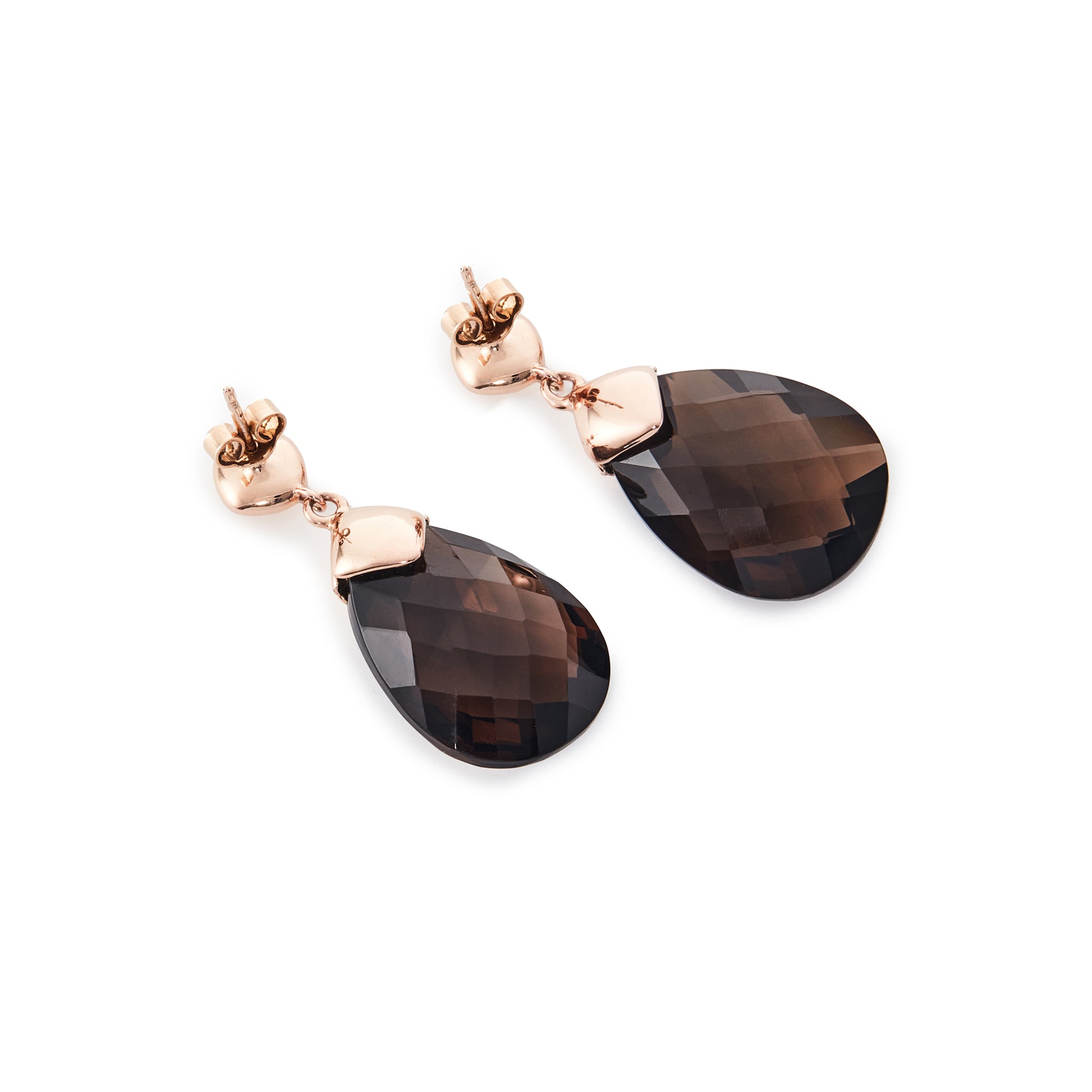 Beautifully faceted teardrop shaped smoky quartz drop earrings in a rose gold plated on silver setting.