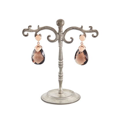 Beautifully faceted teardrop shaped smoky quartz drop earrings in a rose gold plated on silver setting.