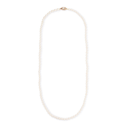 Lustrous, creamy seawater pearl necklace consisting of 107 pearls and a Victorian 9ct rose gold and three pearl clasp. Can be draped around the neck twice. Recently restrung.