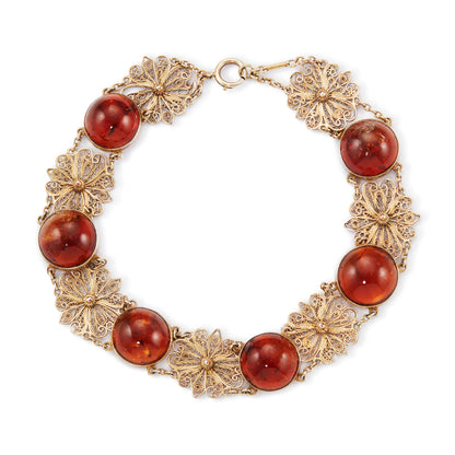 Gorgeous silver-gilt (sterling) choker with six round amber cabochons, interspersed with filigree flowers.