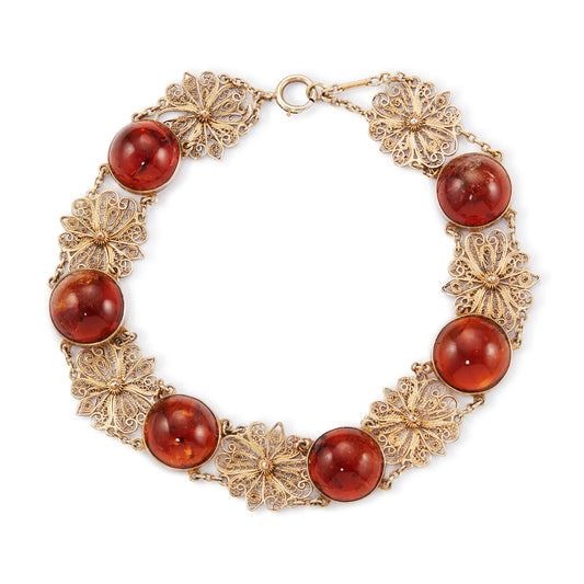 Gorgeous silver-gilt (sterling) choker with six round amber cabochons, interspersed with filigree flowers.