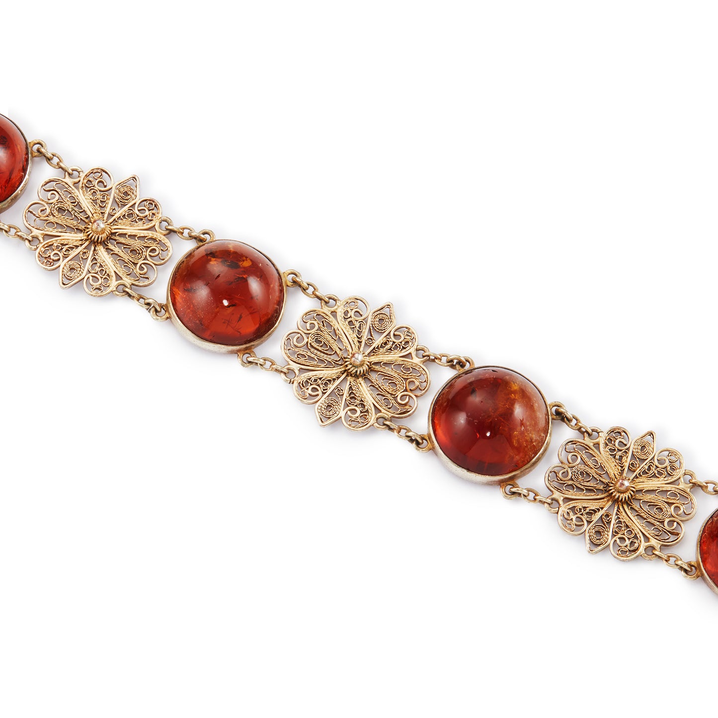 Gorgeous silver-gilt (sterling) choker with six round amber cabochons, interspersed with filigree flowers.