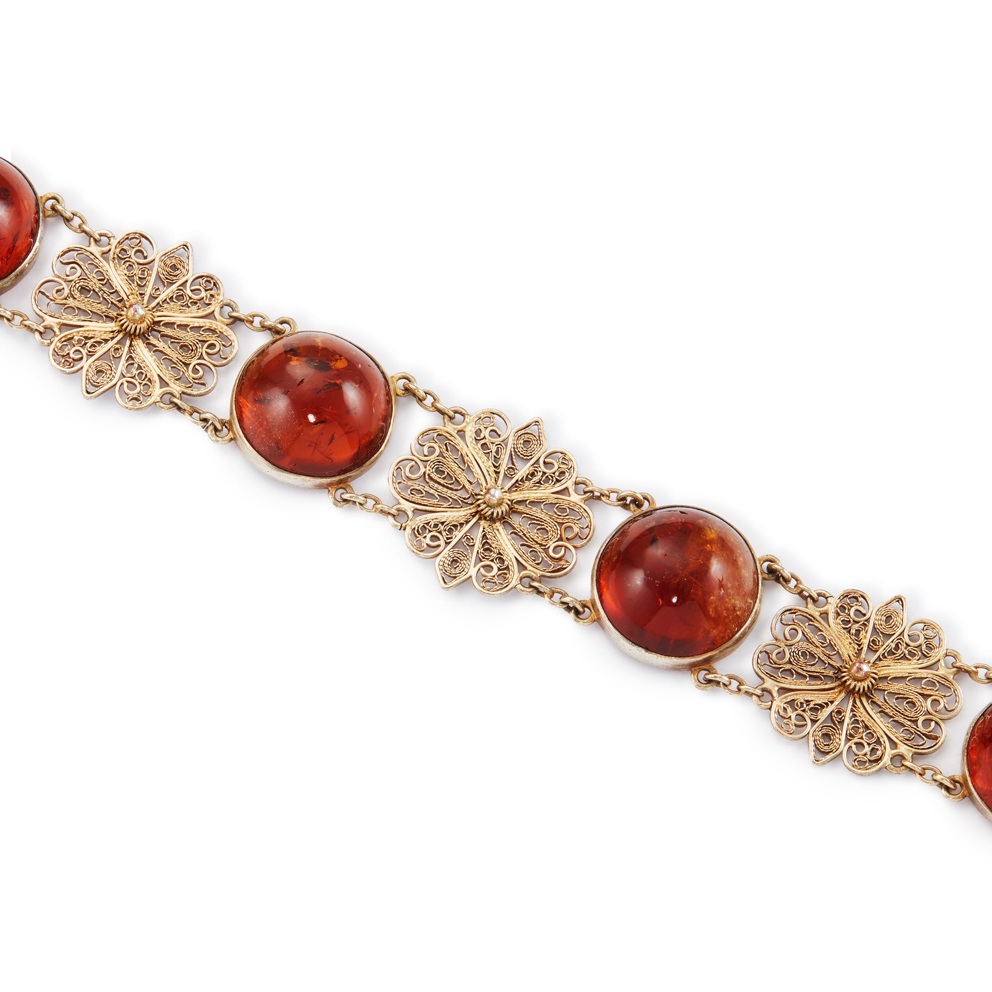 Gorgeous silver-gilt (sterling) choker with six round amber cabochons, interspersed with filigree flowers.