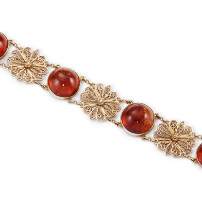Gorgeous silver-gilt (sterling) choker with six round amber cabochons, interspersed with filigree flowers.