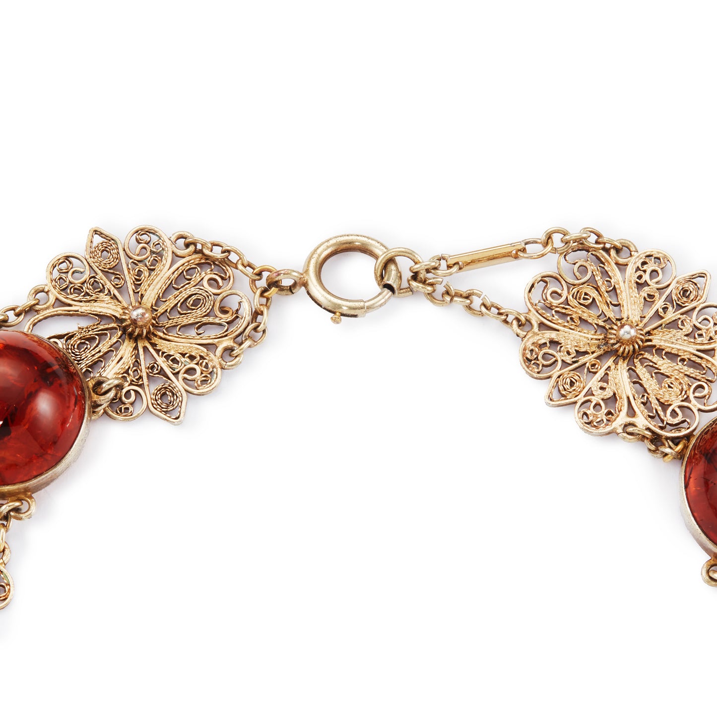 Gorgeous silver-gilt (sterling) choker with six round amber cabochons, interspersed with filigree flowers.