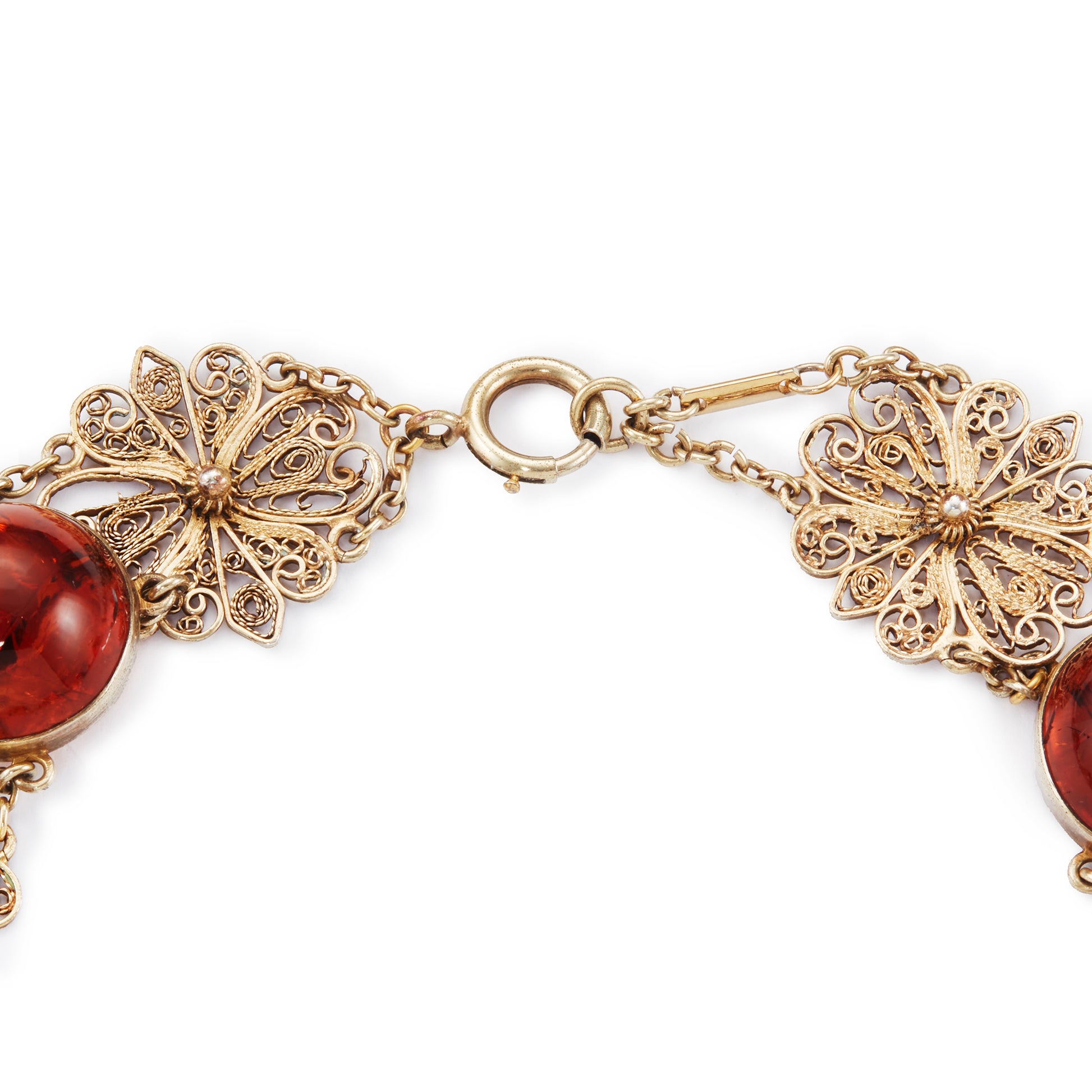 Gorgeous silver-gilt (sterling) choker with six round amber cabochons, interspersed with filigree flowers.