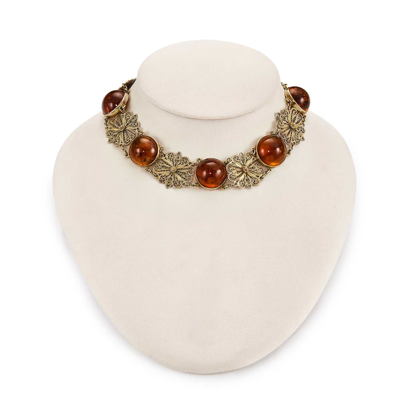 Gorgeous silver-gilt (sterling) choker with six round amber cabochons, interspersed with filigree flowers.