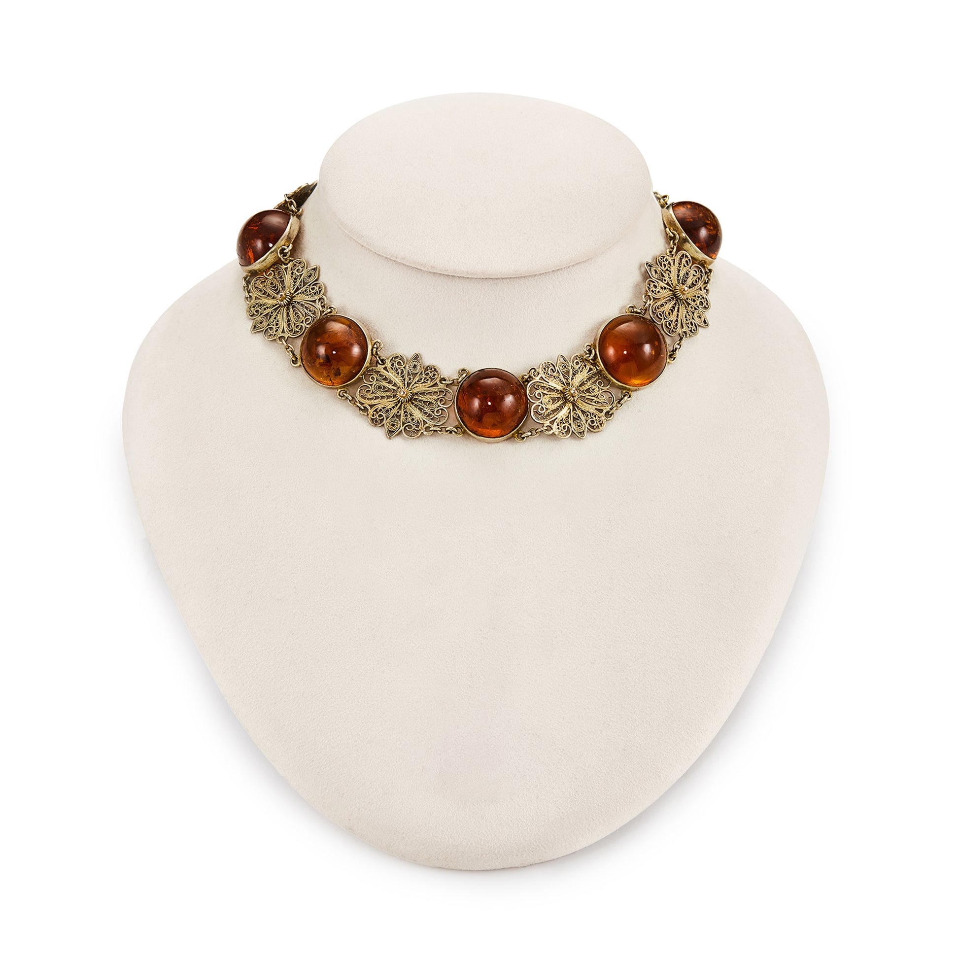 Gorgeous silver-gilt (sterling) choker with six round amber cabochons, interspersed with filigree flowers.