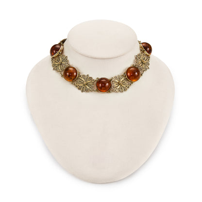 Gorgeous silver-gilt (sterling) choker with six round amber cabochons, interspersed with filigree flowers.