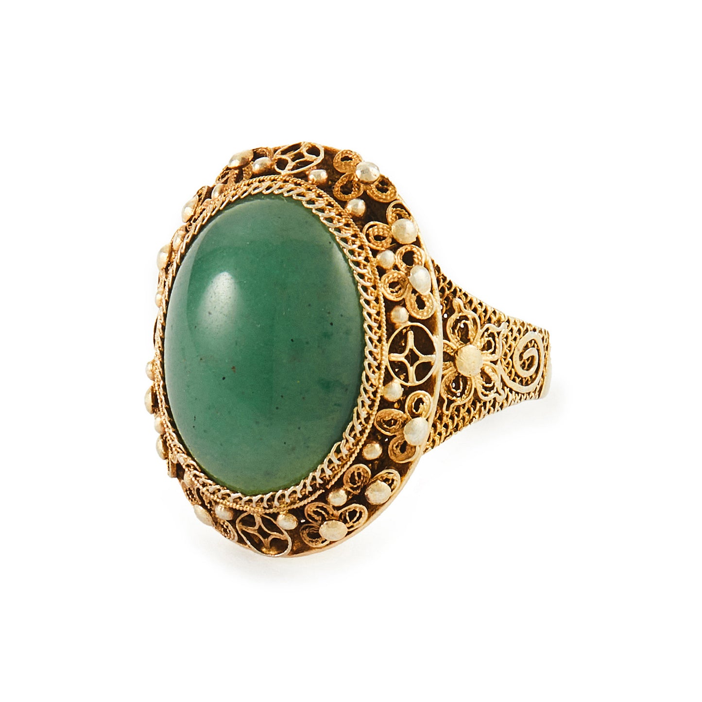Beautiful green quartzite cabochon gemstone in an intricate filigree silver-gilt setting. Adjustable shank.