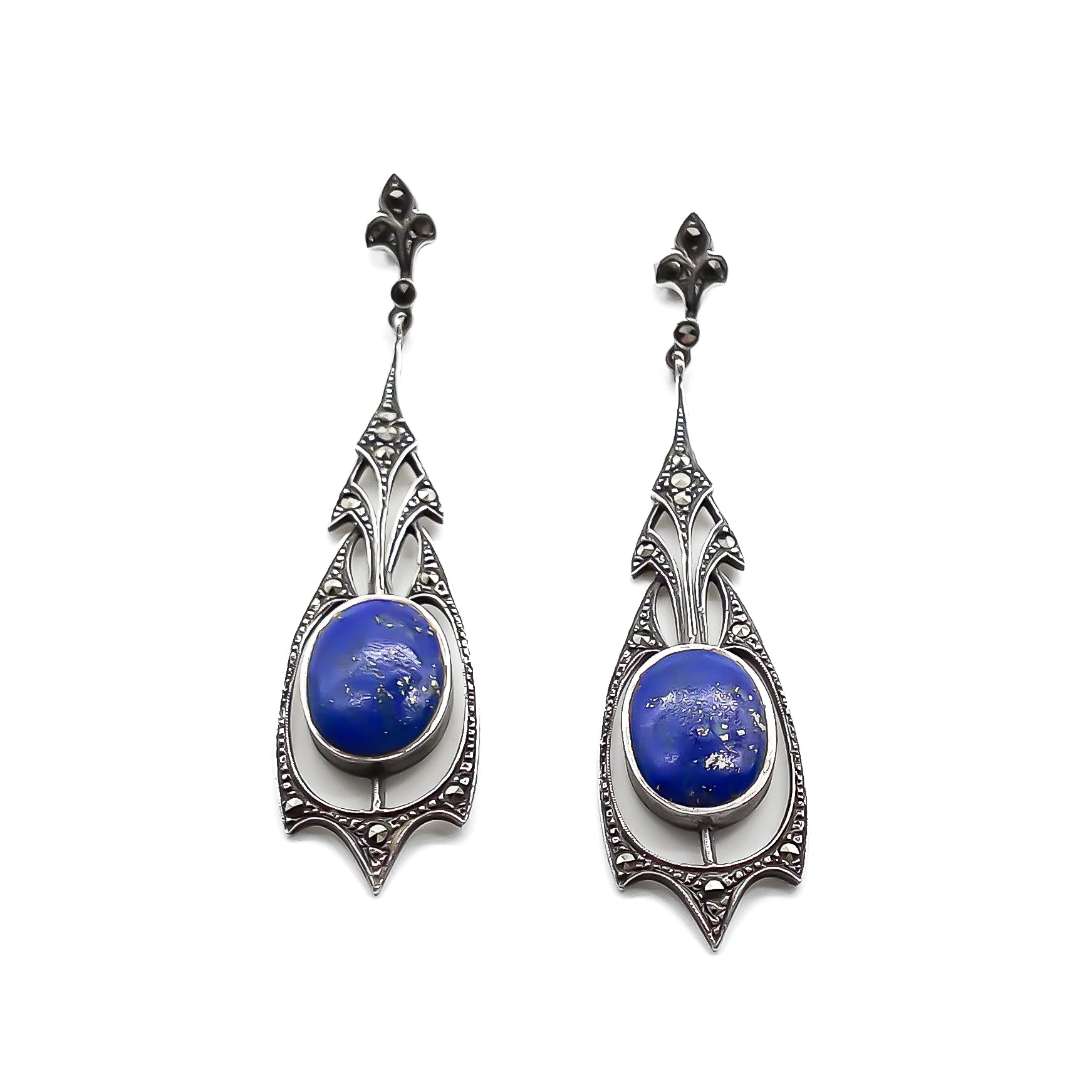 Stunning sterling silver Art Deco drop earrings set with marcasites and deep blue lapis lazuli stones.