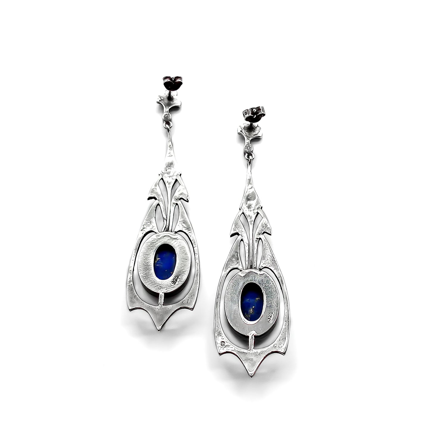 Stunning sterling silver Art Deco drop earrings set with marcasites and deep blue lapis lazuli stones.