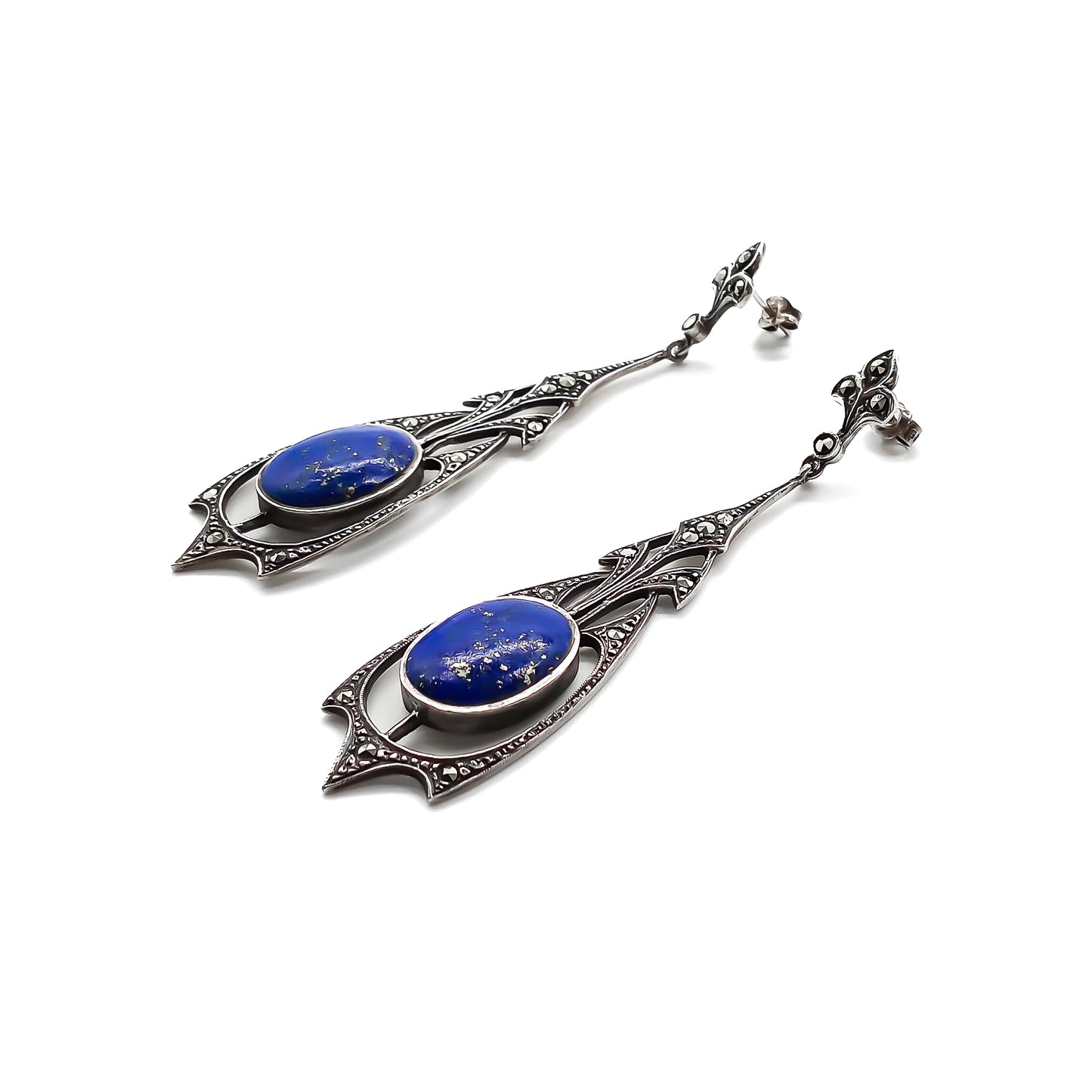 Stunning sterling silver Art Deco drop earrings set with marcasites and deep blue lapis lazuli stones.