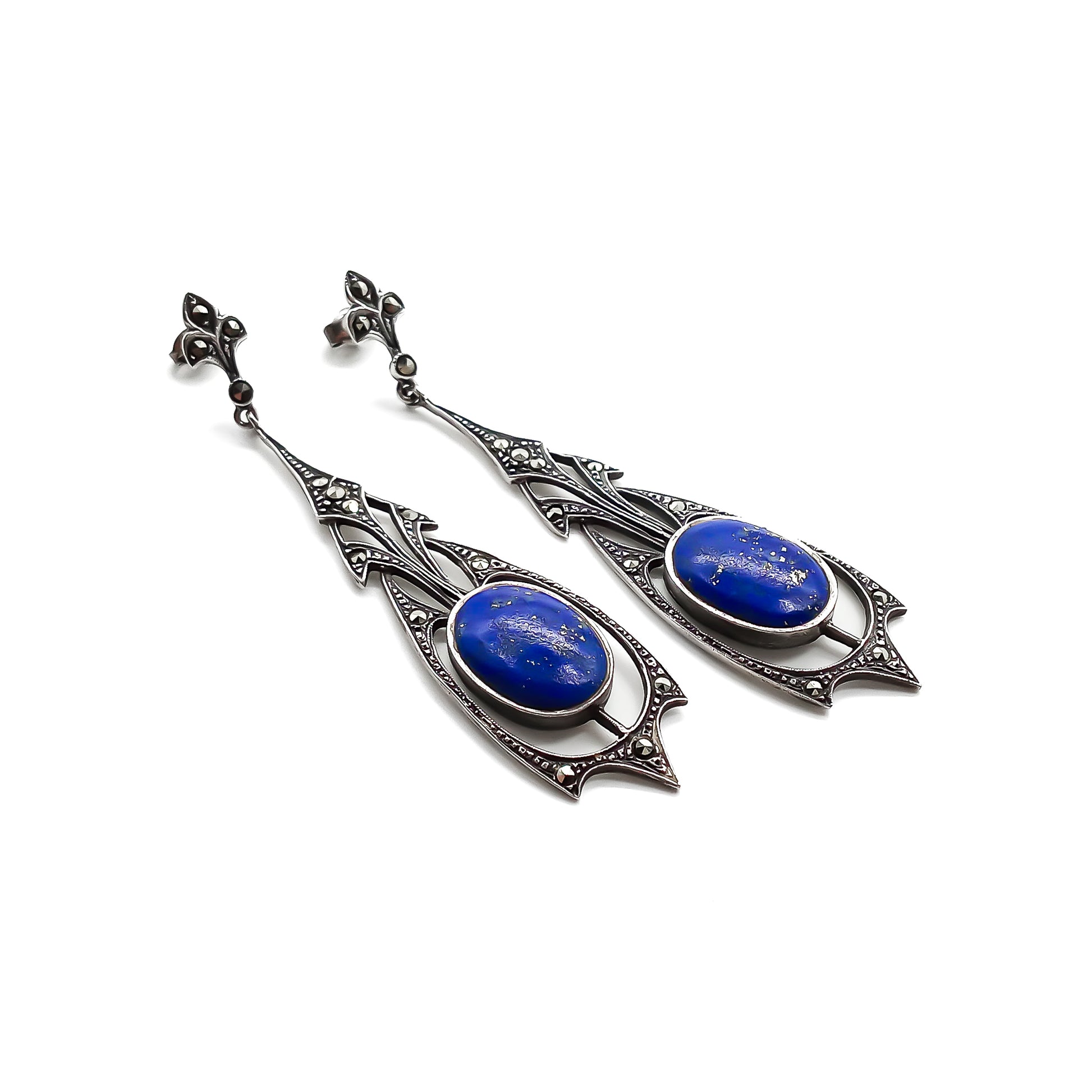 Stunning sterling silver Art Deco drop earrings set with marcasites and deep blue lapis lazuli stones.