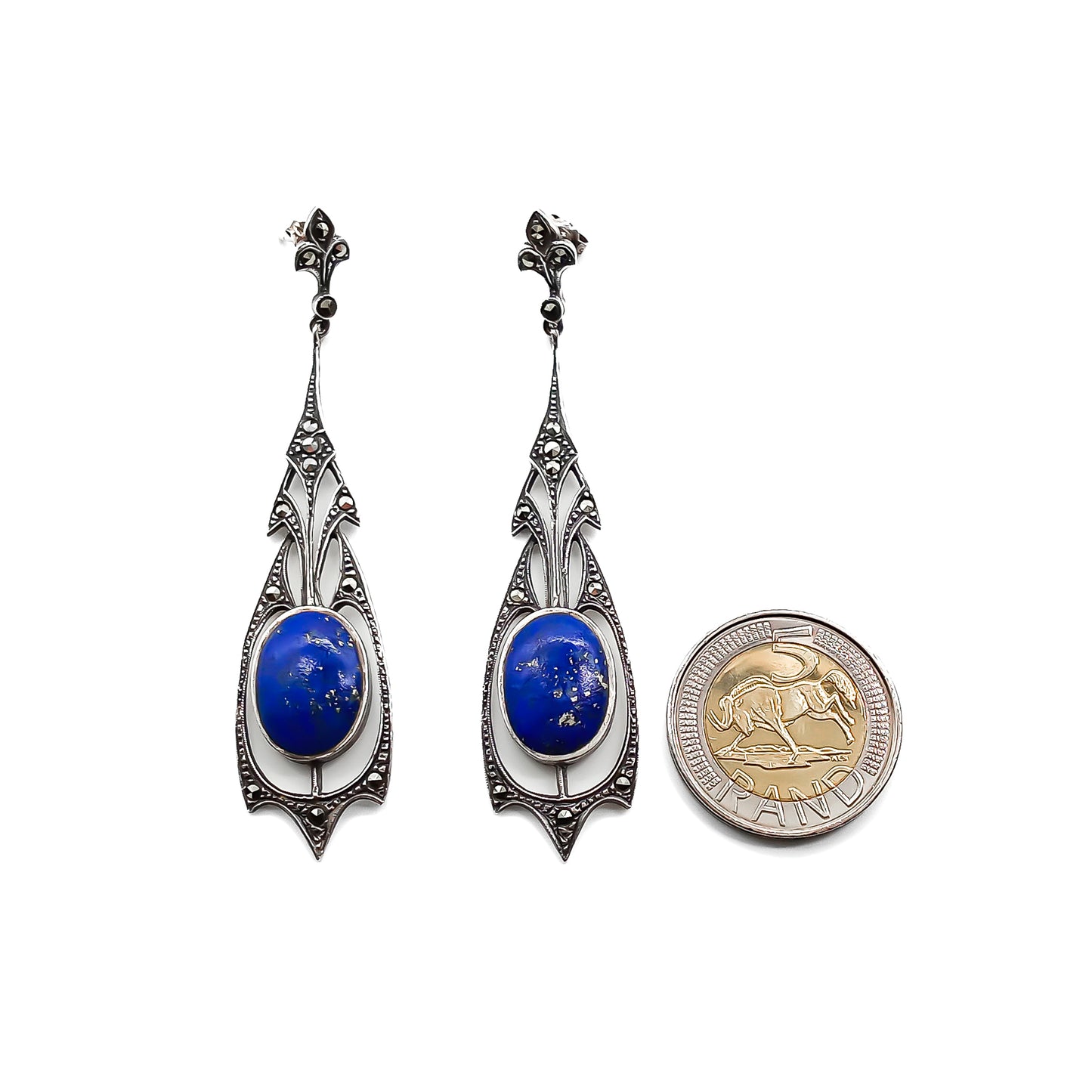 Stunning sterling silver Art Deco drop earrings set with marcasites and deep blue lapis lazuli stones.