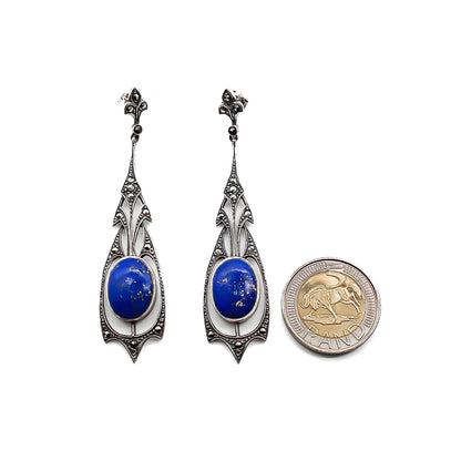 Stunning sterling silver Art Deco drop earrings set with marcasites and deep blue lapis lazuli stones.