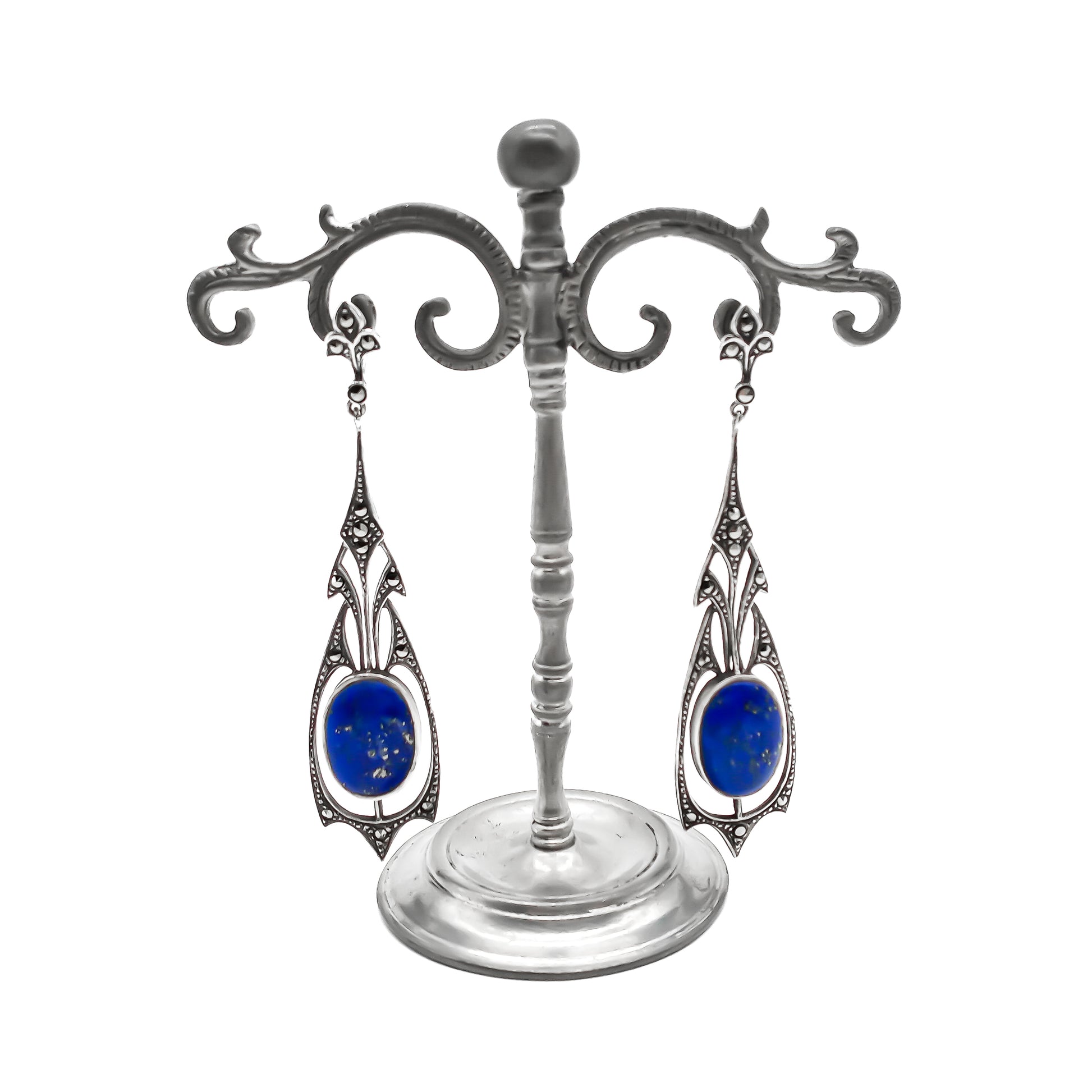 Stunning sterling silver Art Deco drop earrings set with marcasites and deep blue lapis lazuli stones.