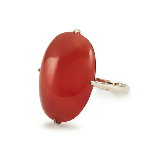 Gorgeous Chinese silver ring set with a vibrant opaque orange-red carnelian cabochon.