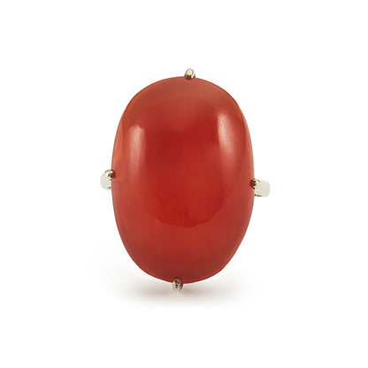 Gorgeous Chinese silver ring set with a vibrant opaque orange-red carnelian cabochon.