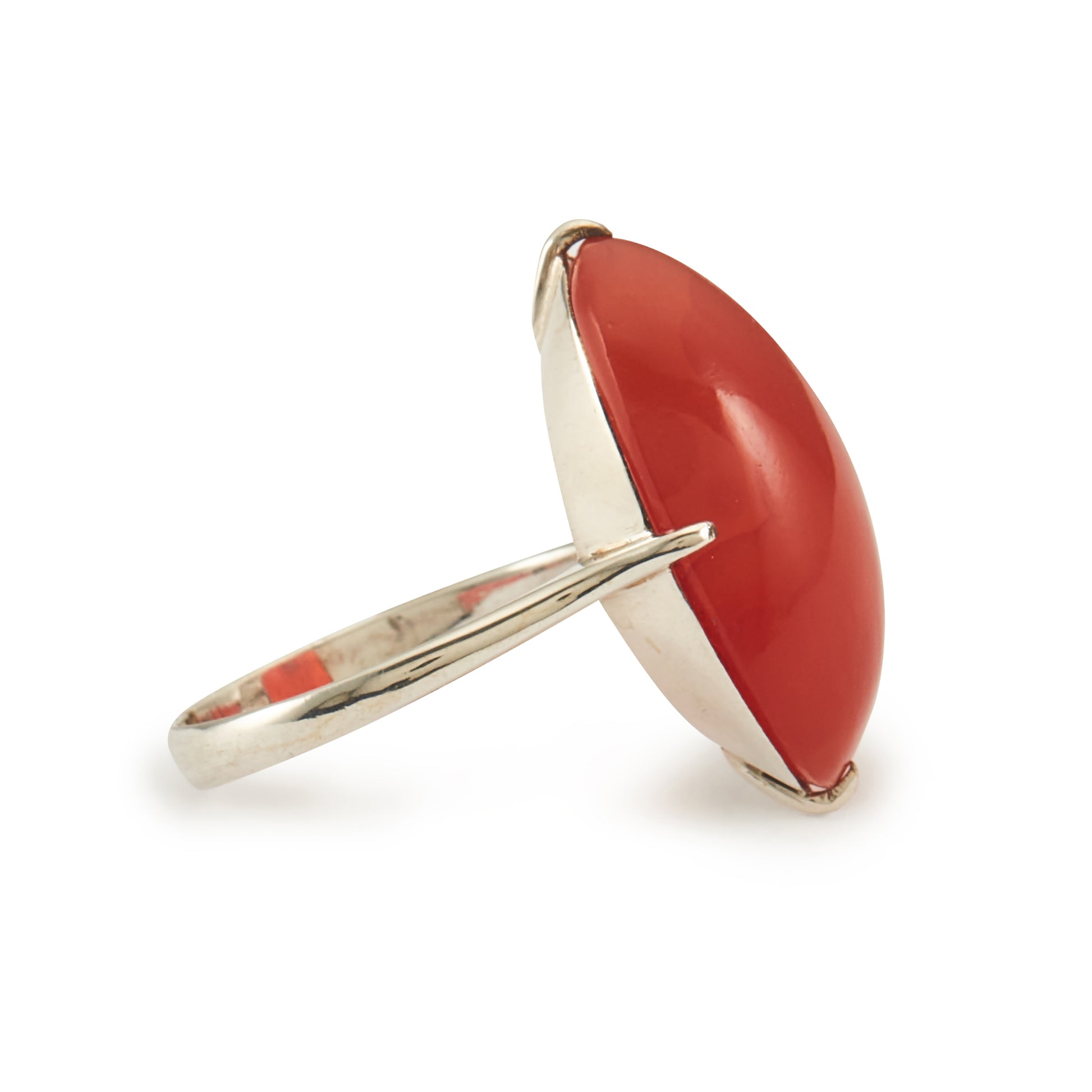 Gorgeous Chinese silver ring set with a vibrant opaque orange-red carnelian cabochon.