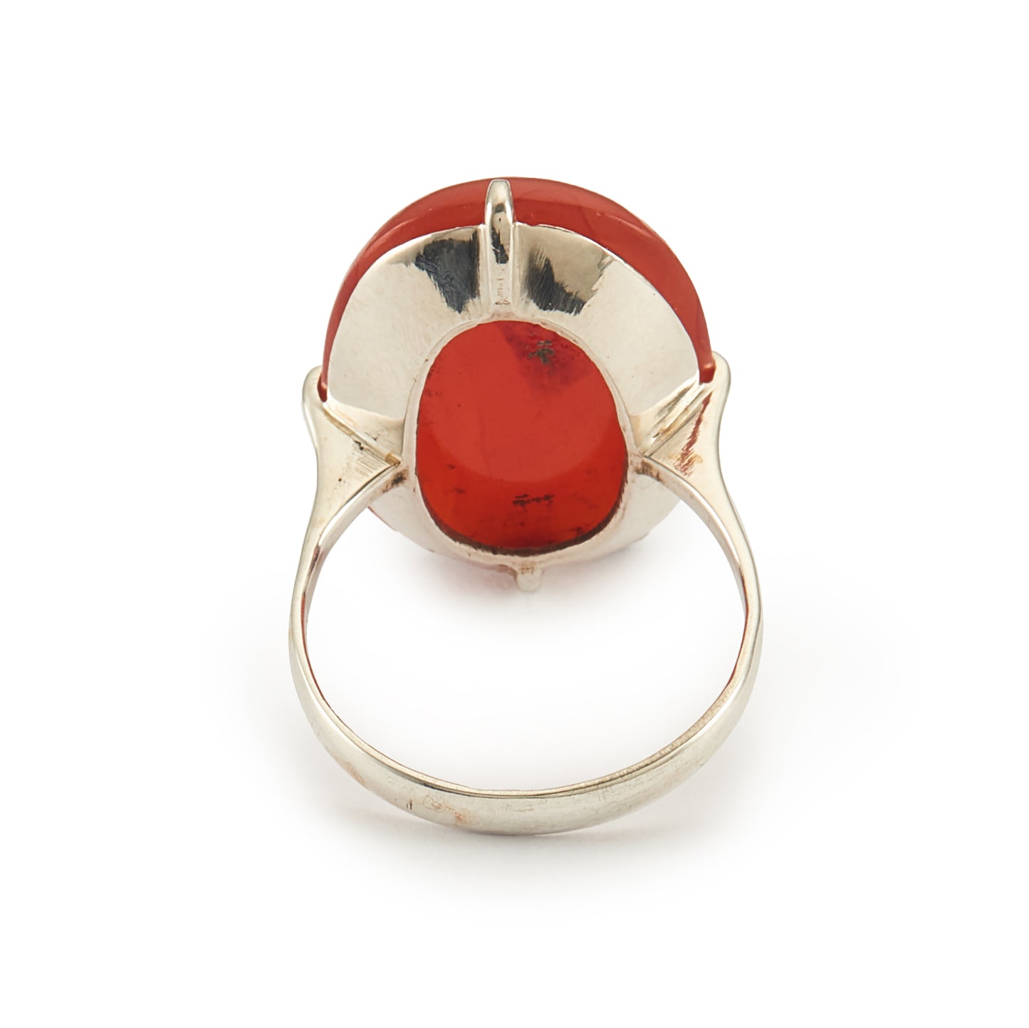 Gorgeous Chinese silver ring set with a vibrant opaque orange-red carnelian cabochon.