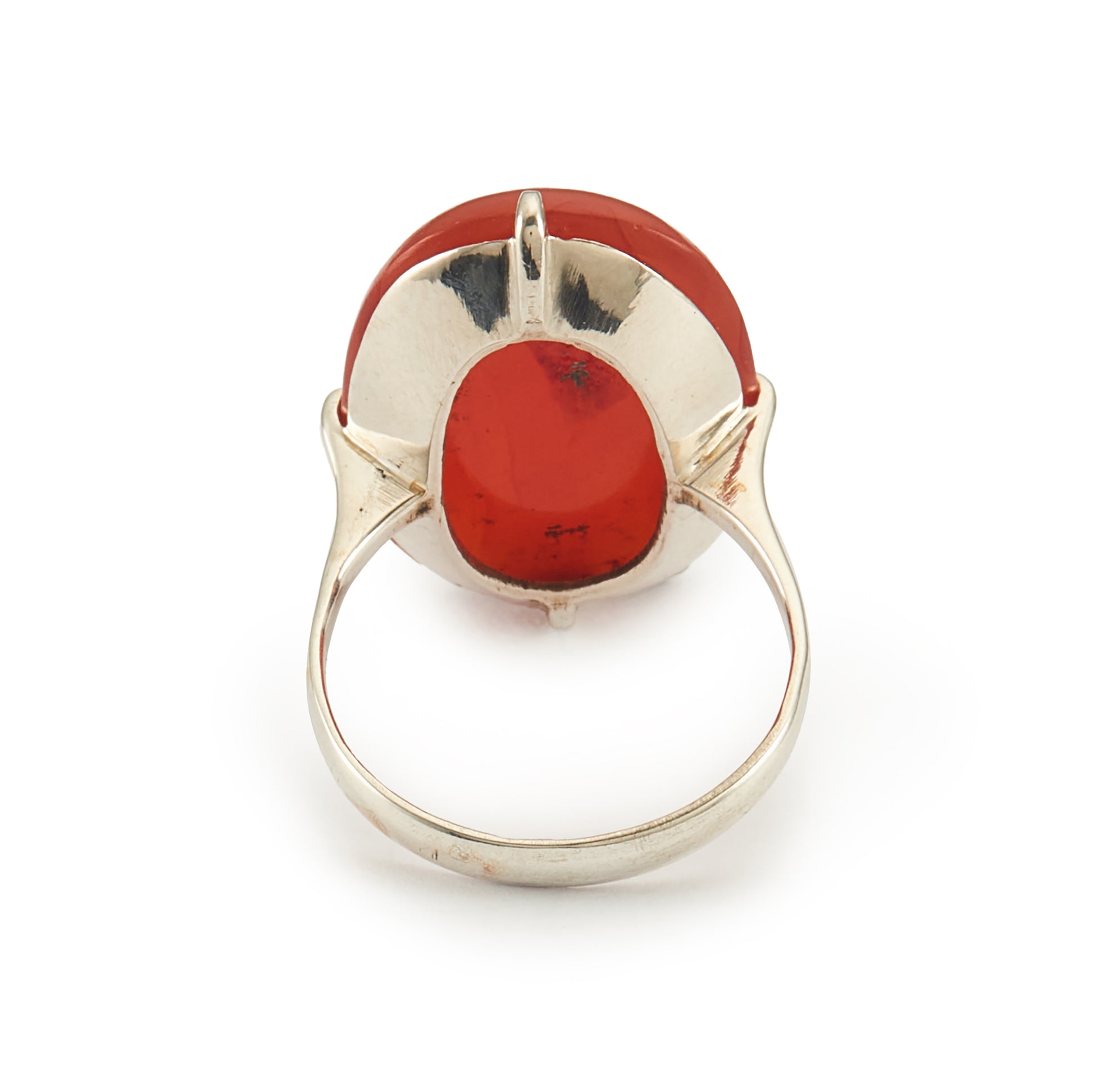 Gorgeous Chinese silver ring set with a vibrant opaque orange-red carnelian cabochon.