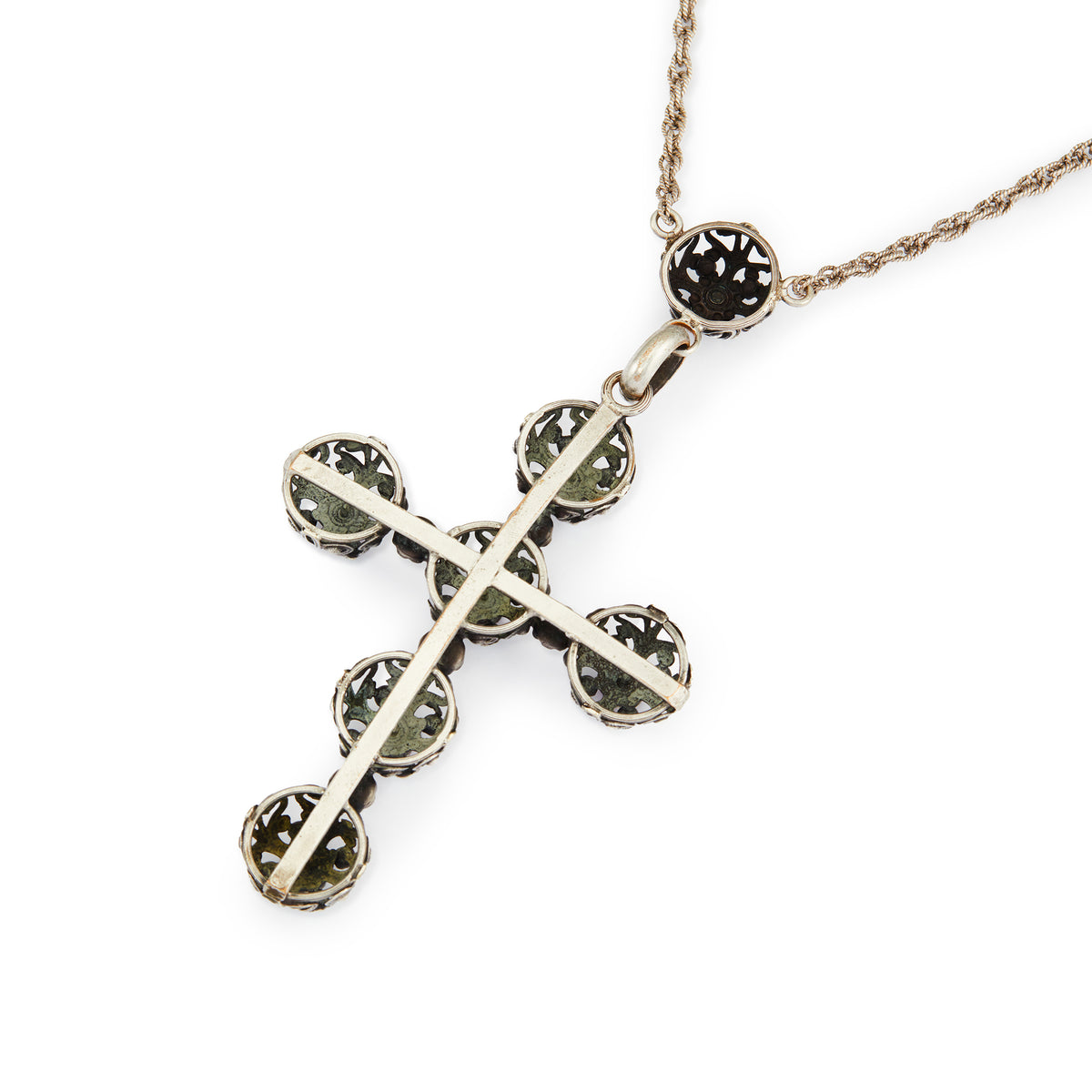 Spectacular large Edwardian cross pendant set with sixteen cabochon turquoise stones and eleven vibrant purple glass stones, on a silver rope chain.