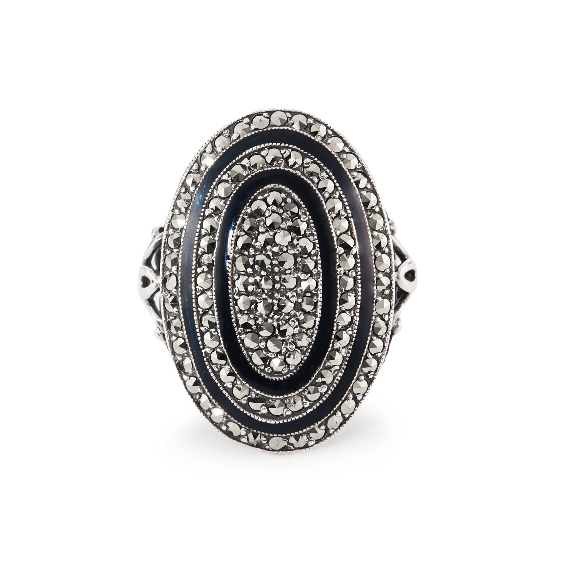 Magnificent vintage sterling silver, dark blue enamelled ring set with marcasites.