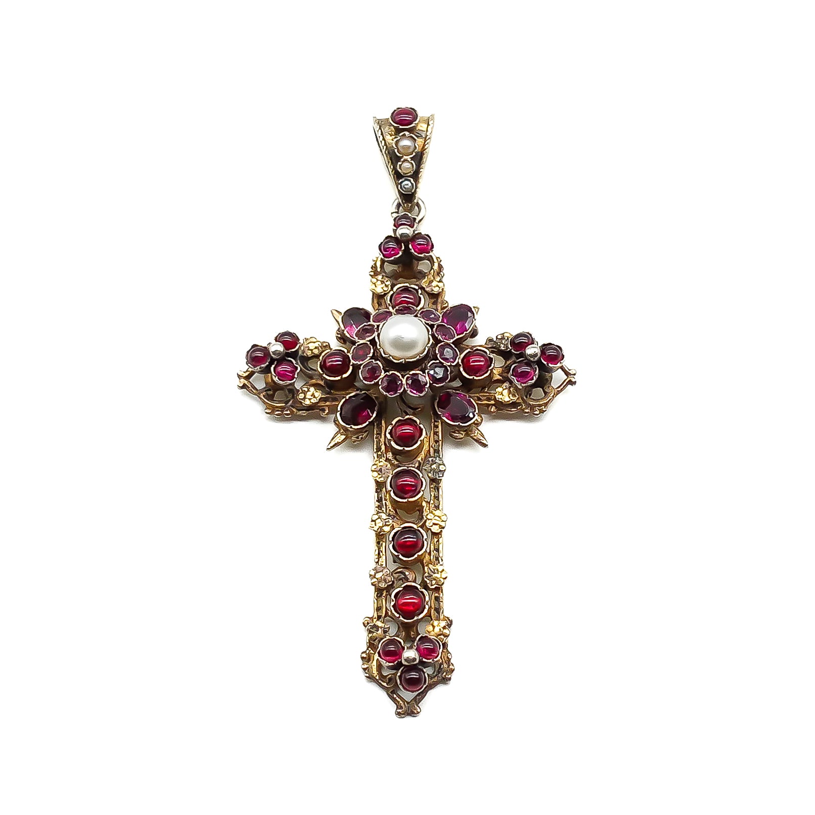 Magnificent silver gilt Austro-Hungarian cross pendant set with cabochon and faceted bohemian garnets as well as a centre pearl, and three seed pearls.