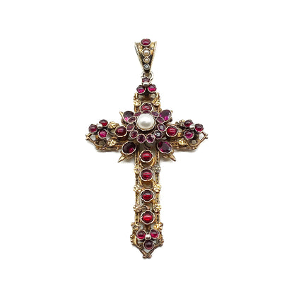 Magnificent silver gilt Austro-Hungarian cross pendant set with cabochon and faceted bohemian garnets as well as a centre pearl, and three seed pearls.