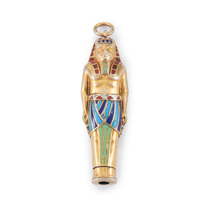 Highly collectible Egyptian silver gilt pharaoh pendant with colourful enamel detail. Pencil lead is missing.