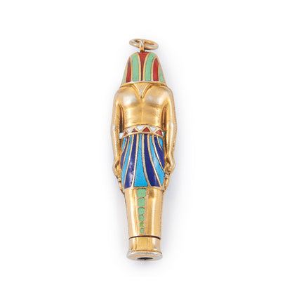 Highly collectible Egyptian silver gilt pharaoh pendant with colourful enamel detail. Pencil lead is missing.