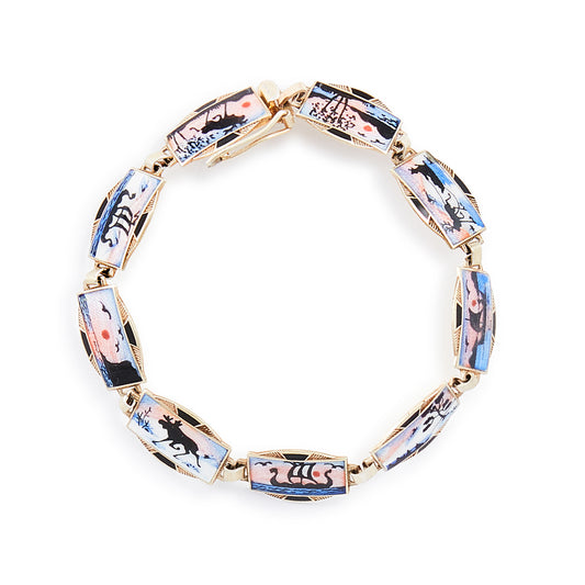Beautifully detailed enamel disc bracelet depicting nine different nature scenes. Safety clasp attached. Scandinavian