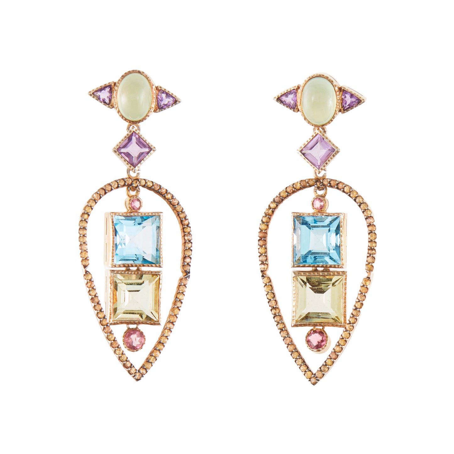 Glamorous antique-inspired silver-gilt pendant earrings set with a variety of faceted semi-precious gemstones (amethyst, green agate, blue topaz, citrine, pink tourmaline) in a geometric design. Unknown designer. London.