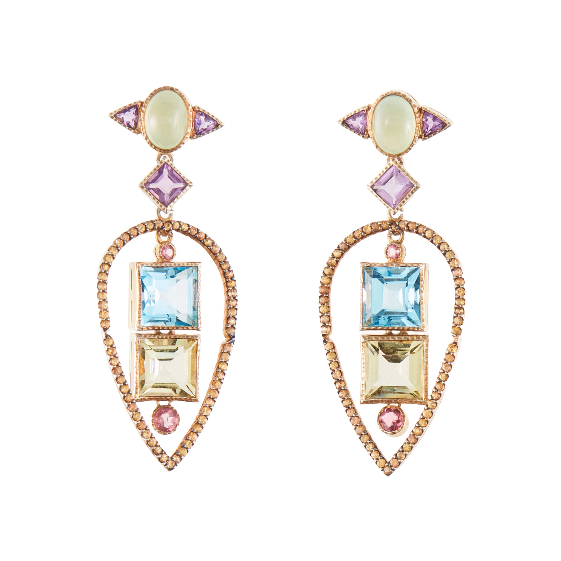 Glamorous antique-inspired silver-gilt pendant earrings set with a variety of faceted semi-precious gemstones (amethyst, green agate, blue topaz, citrine, pink tourmaline) in a geometric design. Unknown designer. London.