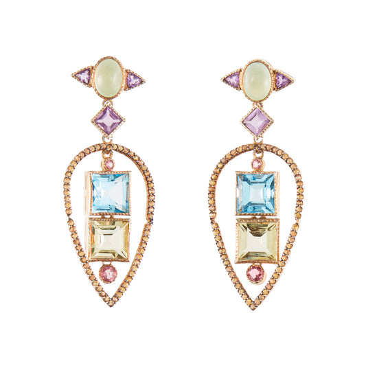 Glamorous antique-inspired silver-gilt pendant earrings set with a variety of faceted semi-precious gemstones (amethyst, green agate, blue topaz, citrine, pink tourmaline) in a geometric design. Unknown designer. London.
