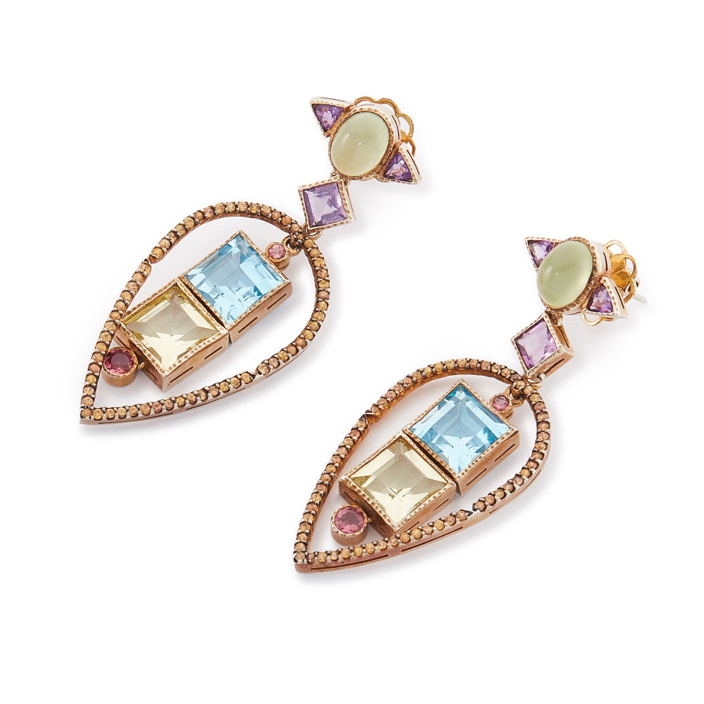 Glamorous antique-inspired silver-gilt pendant earrings set with a variety of faceted semi-precious gemstones (amethyst, green agate, blue topaz, citrine, pink tourmaline) in a geometric design. Unknown designer. London.