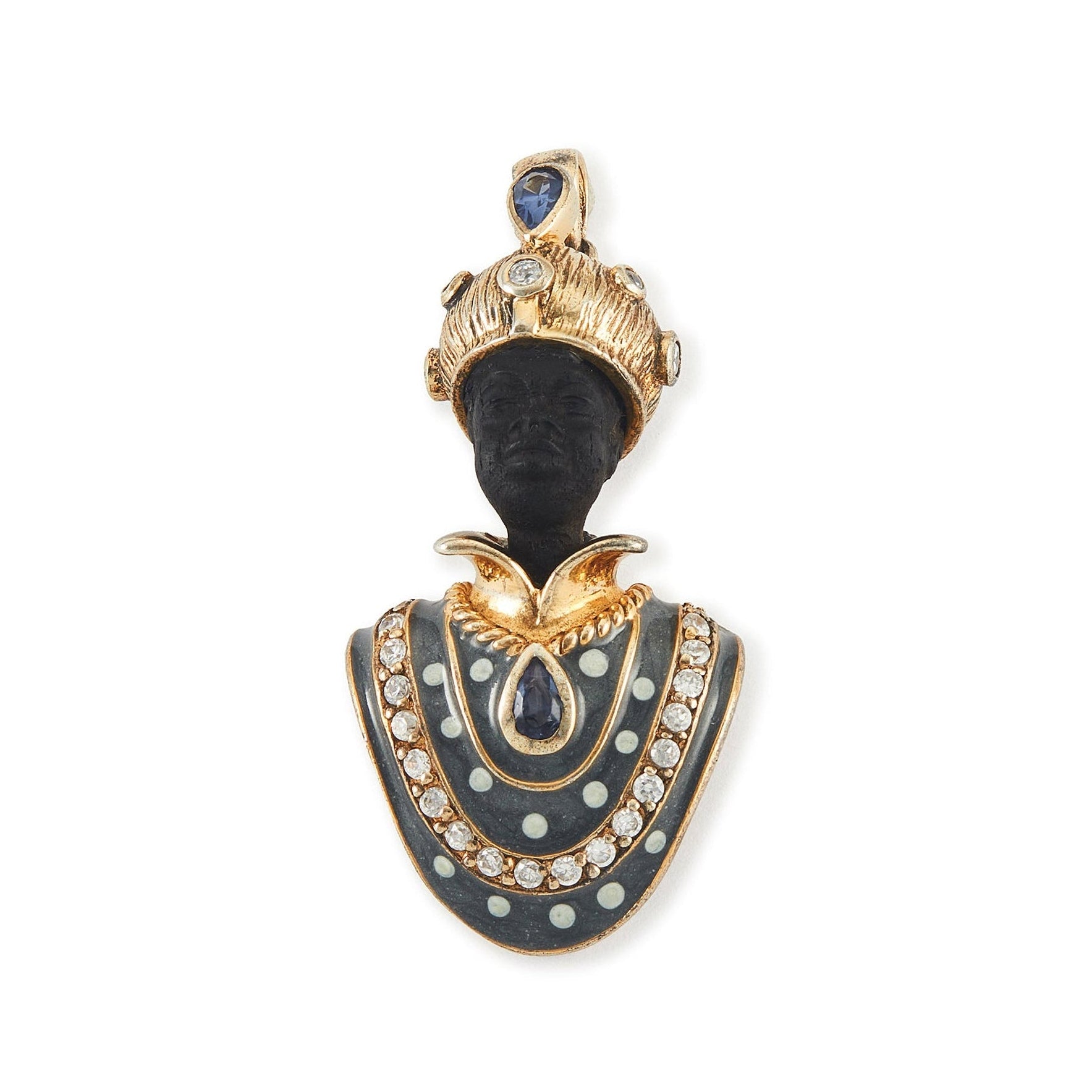 Very ornamental silver gilt figure pendant with resin face, beautiful blue enameling, set with two sapphires and white spinels.