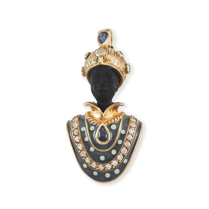 Very ornamental silver gilt figure pendant with resin face, beautiful blue enameling, set with two sapphires and white spinels.