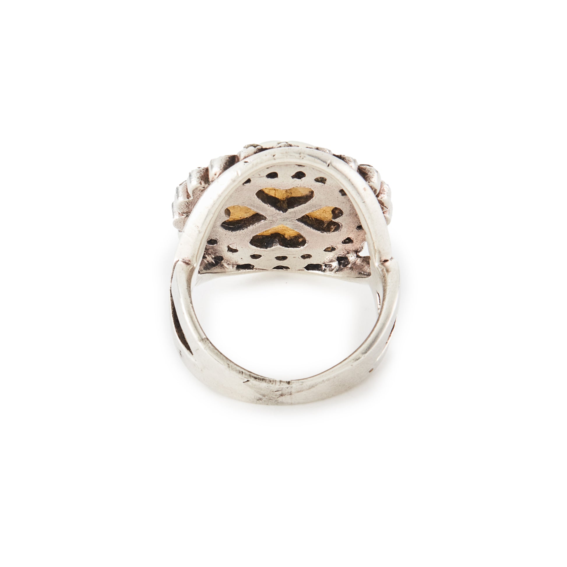 Glamorous vintage sterling silver ring set with a mabé pearl surrounded by nineteen marcasites.