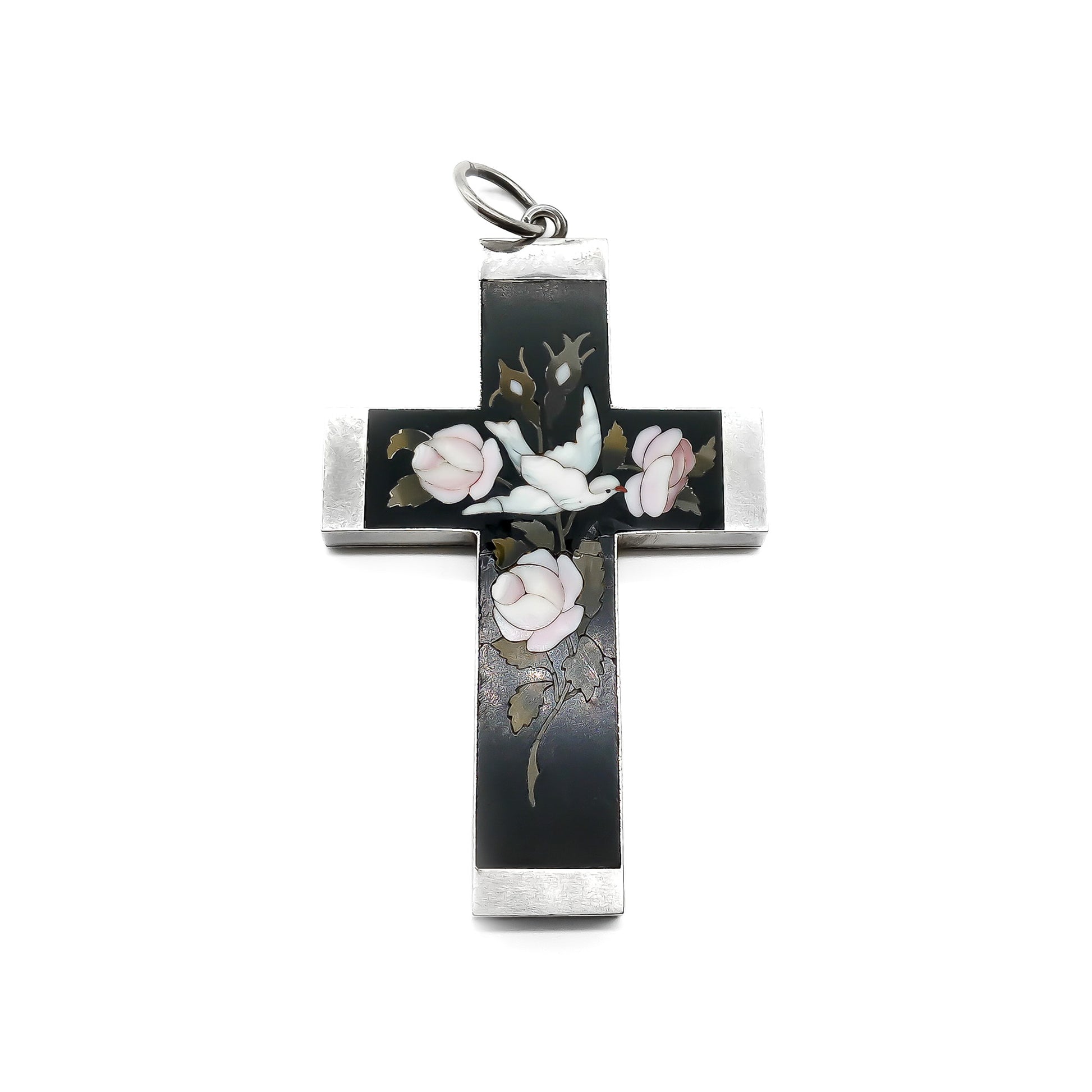 Magnificent silver cross pendant with beautiful Pietra Dura inlay work depicting three light pink roses and a white dove. Italian