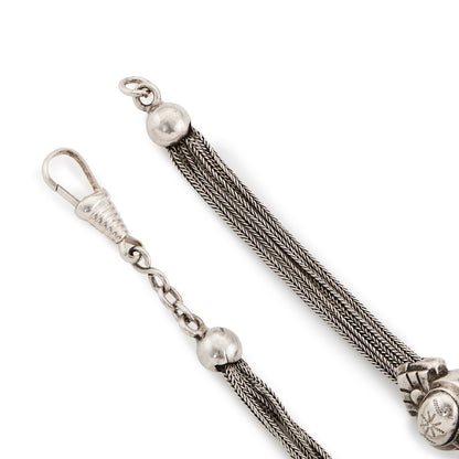 Lovely silver Victorian four strand albertina with ornate detail and a dog-clip. Could be linked with another albertina to make a necklace.