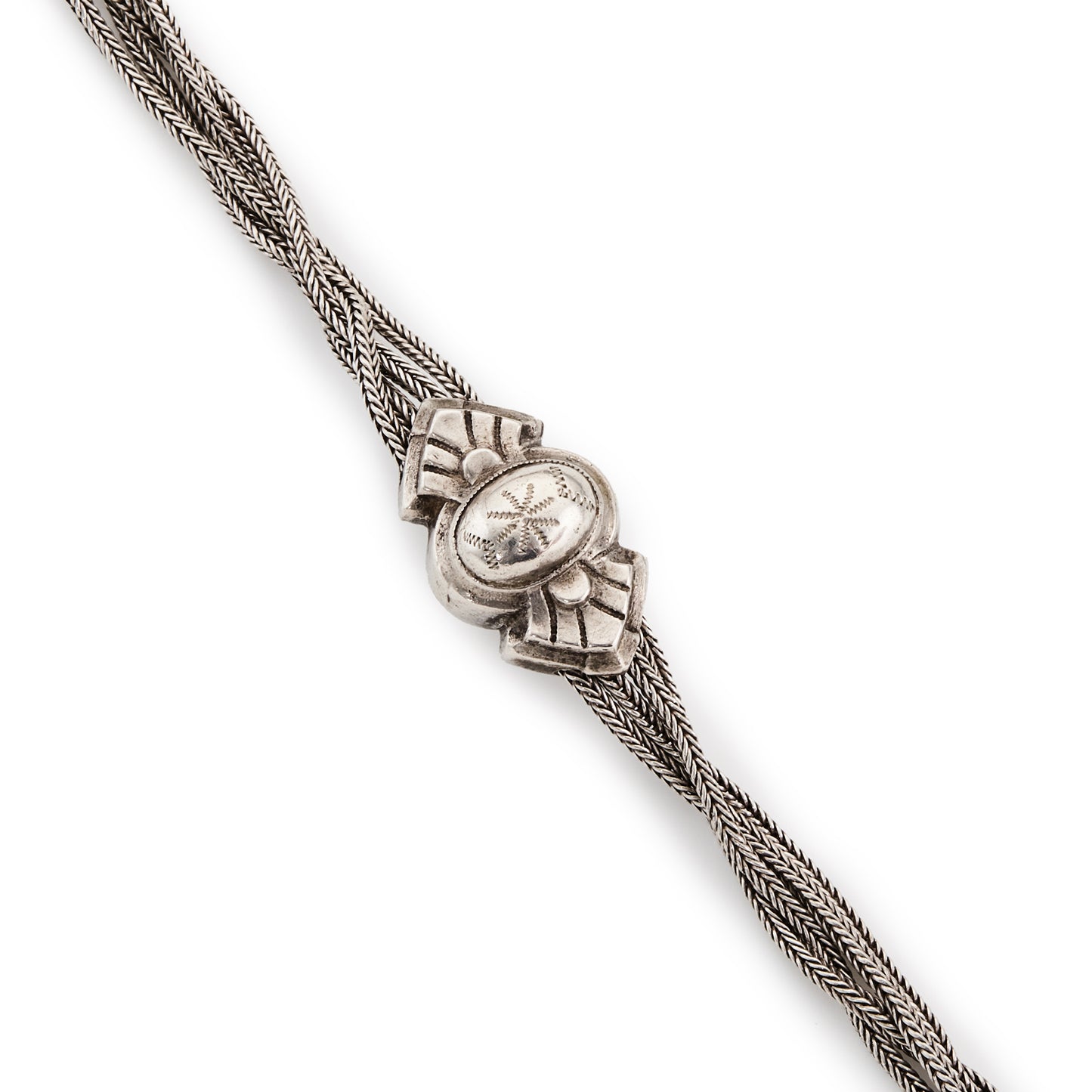 Lovely silver Victorian four strand albertina with ornate detail and a dog-clip. Could be linked with another albertina to make a necklace.