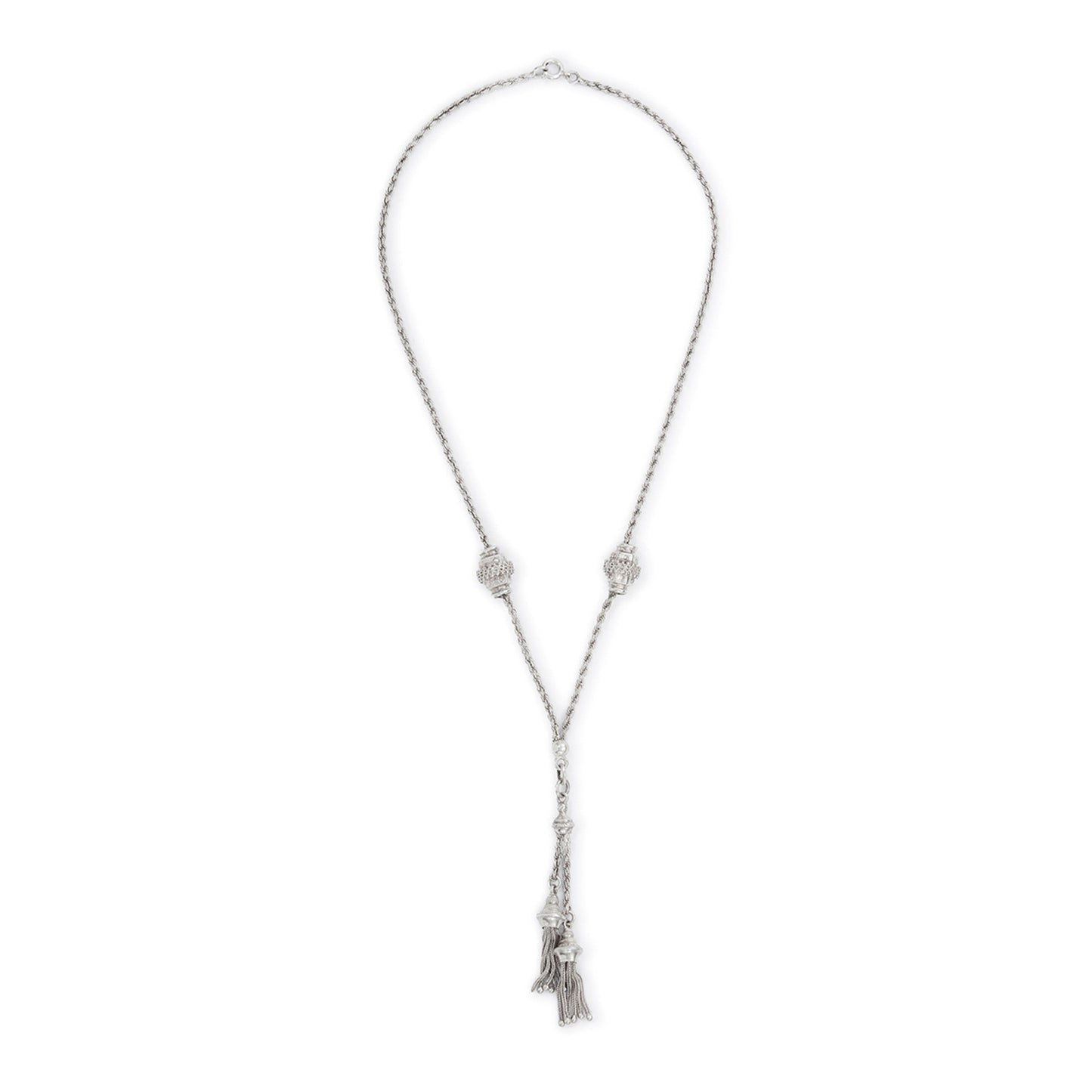 Sought after silver Victorian albertina with two ornate sliders and two dangling tassels in the centre. Clasp has been replaced.