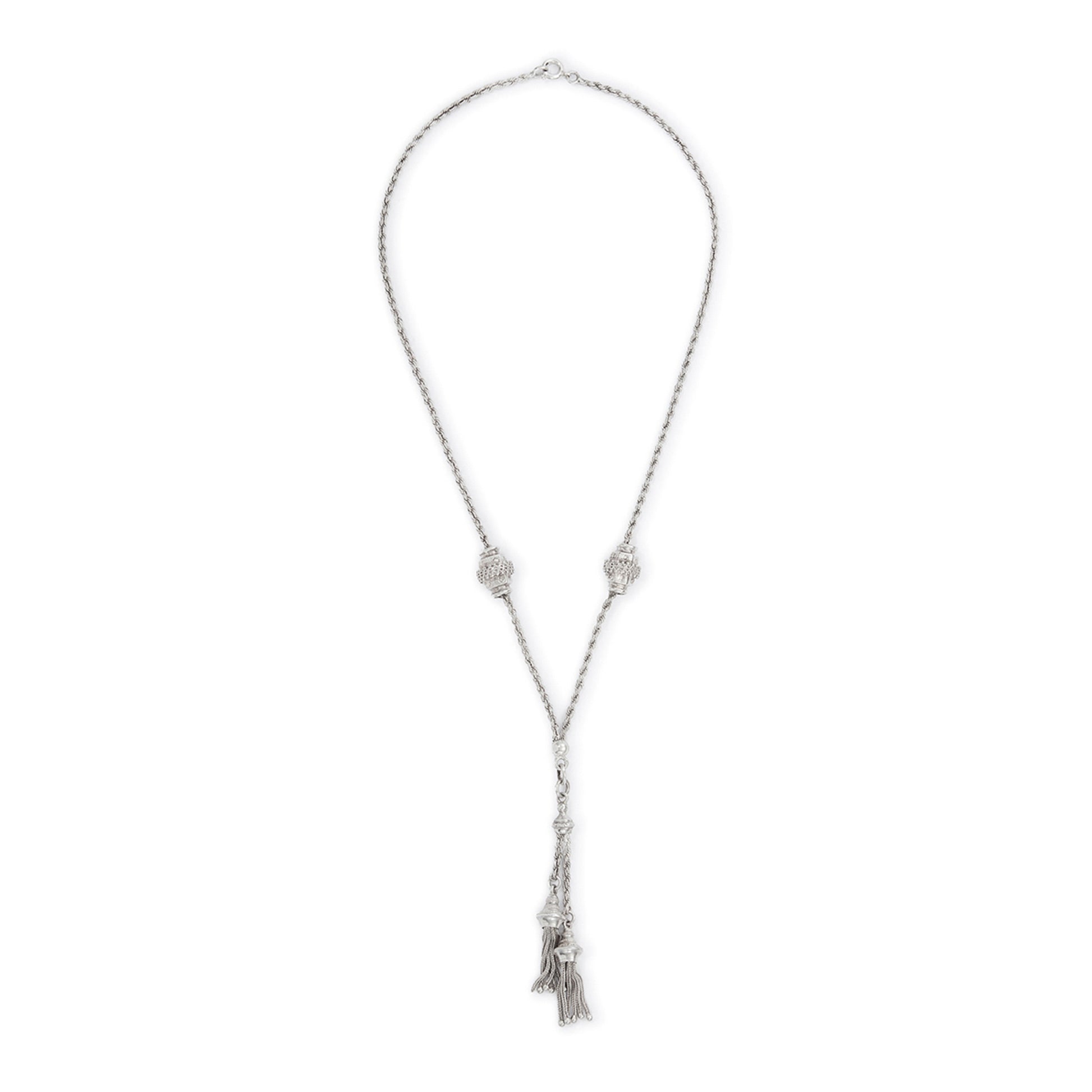 Sought after silver Victorian albertina with two ornate sliders and two dangling tassels in the centre. Clasp has been replaced.