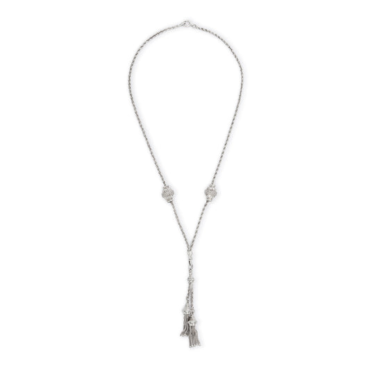 Sought after silver Victorian albertina with two ornate sliders and two dangling tassels in the centre. Clasp has been replaced.