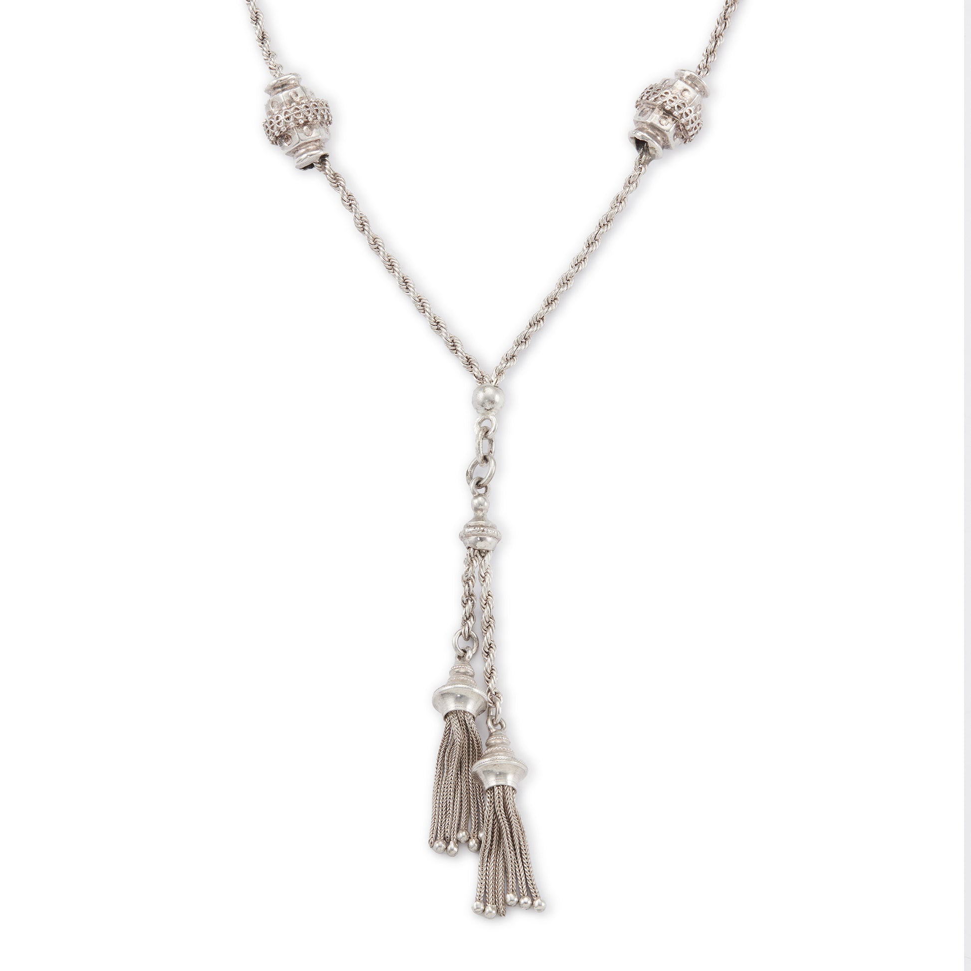 Sought after silver Victorian albertina with two ornate sliders and two dangling tassels in the centre. Clasp has been replaced.