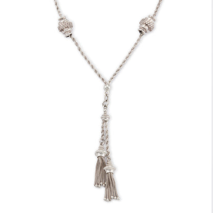 Sought after silver Victorian albertina with two ornate sliders and two dangling tassels in the centre. Clasp has been replaced.